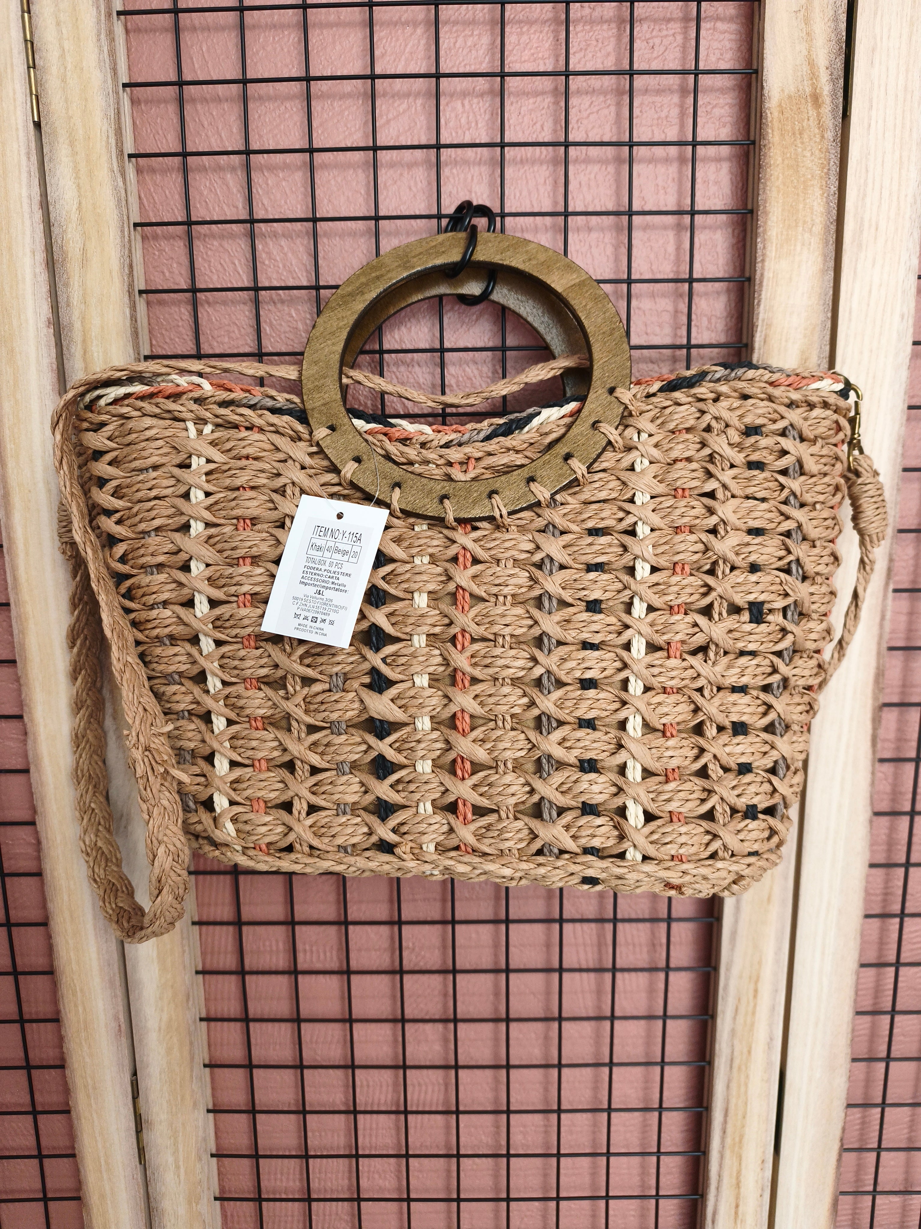 Sac paille avec anse bois
